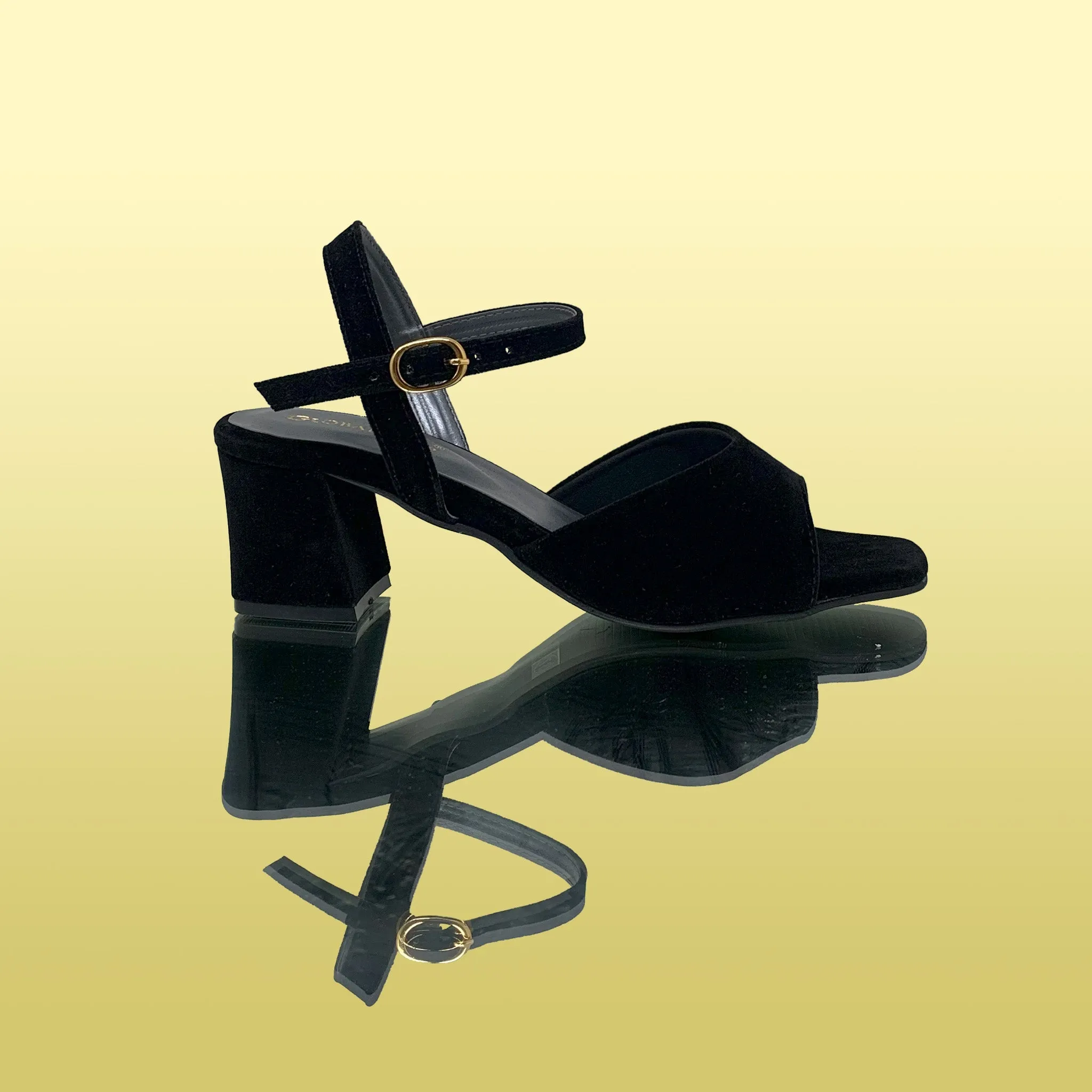 Black Velvet Block Heel Sandals
