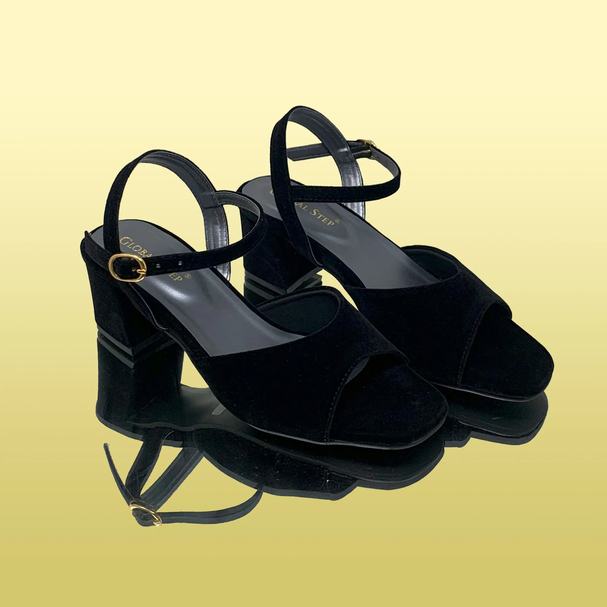 Black Velvet Block Heel Sandals