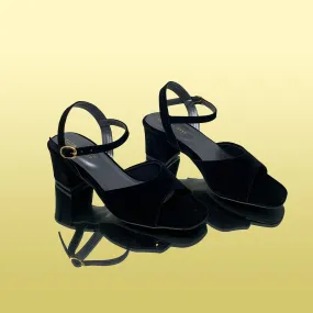 Black Velvet Block Heel Sandals