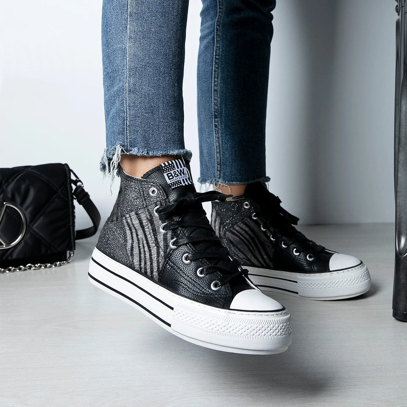 Black Zebra Platform Hi-Top Sneakers Glitter