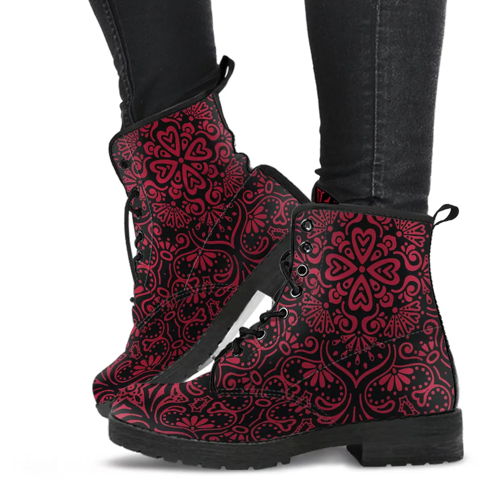 Bohemian Celebration Fiesta Red Women's Vegan Leather Combat Boots