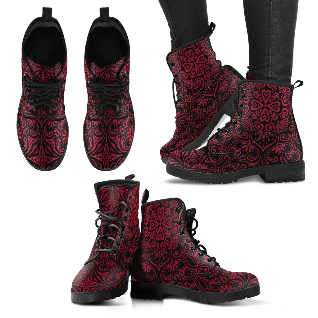 Bohemian Celebration Fiesta Red Women's Vegan Leather Combat Boots