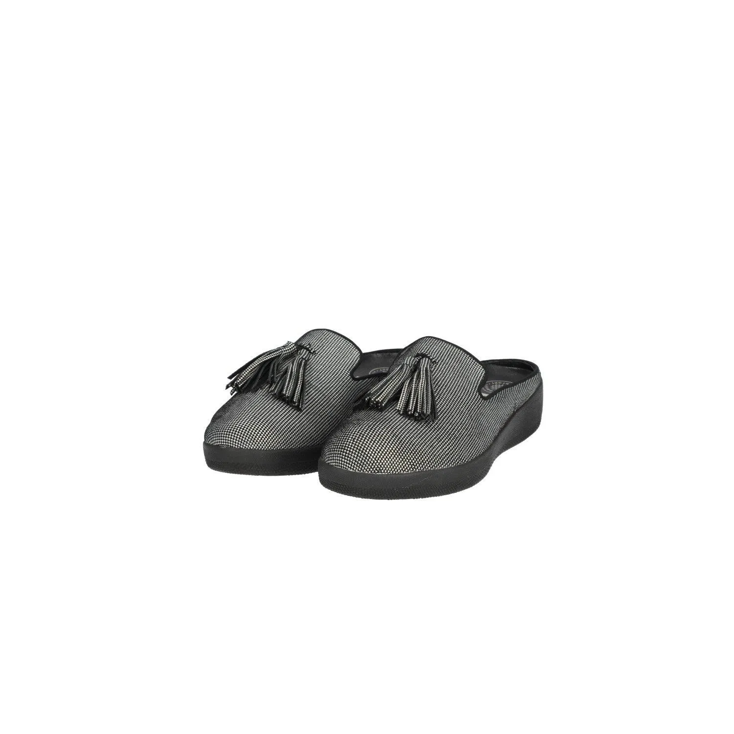 Fitflop Houndstooth Print Mules Flat Sandals Fabric Black Colour For Women
