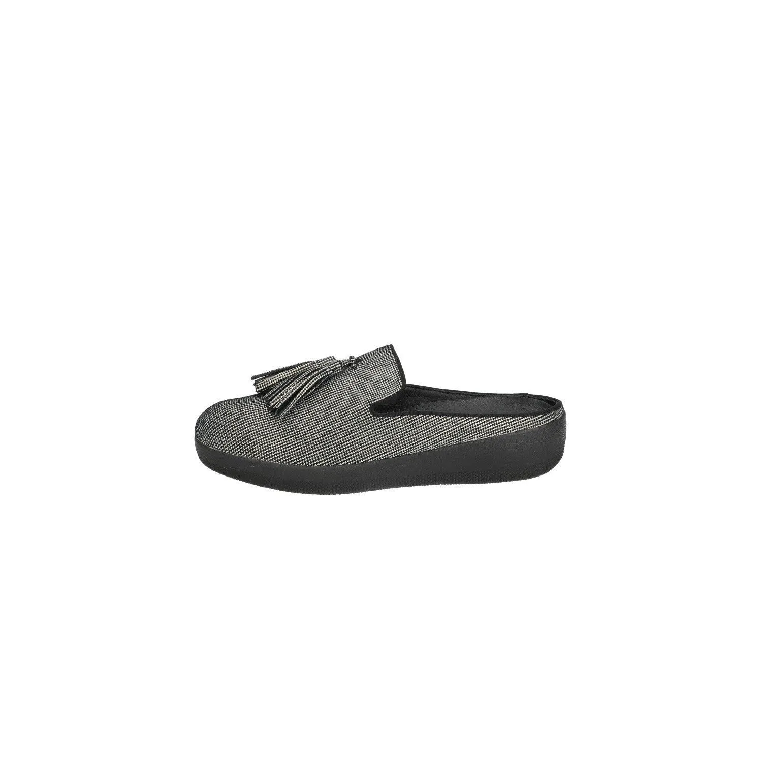 Fitflop Houndstooth Print Mules Flat Sandals Fabric Black Colour For Women