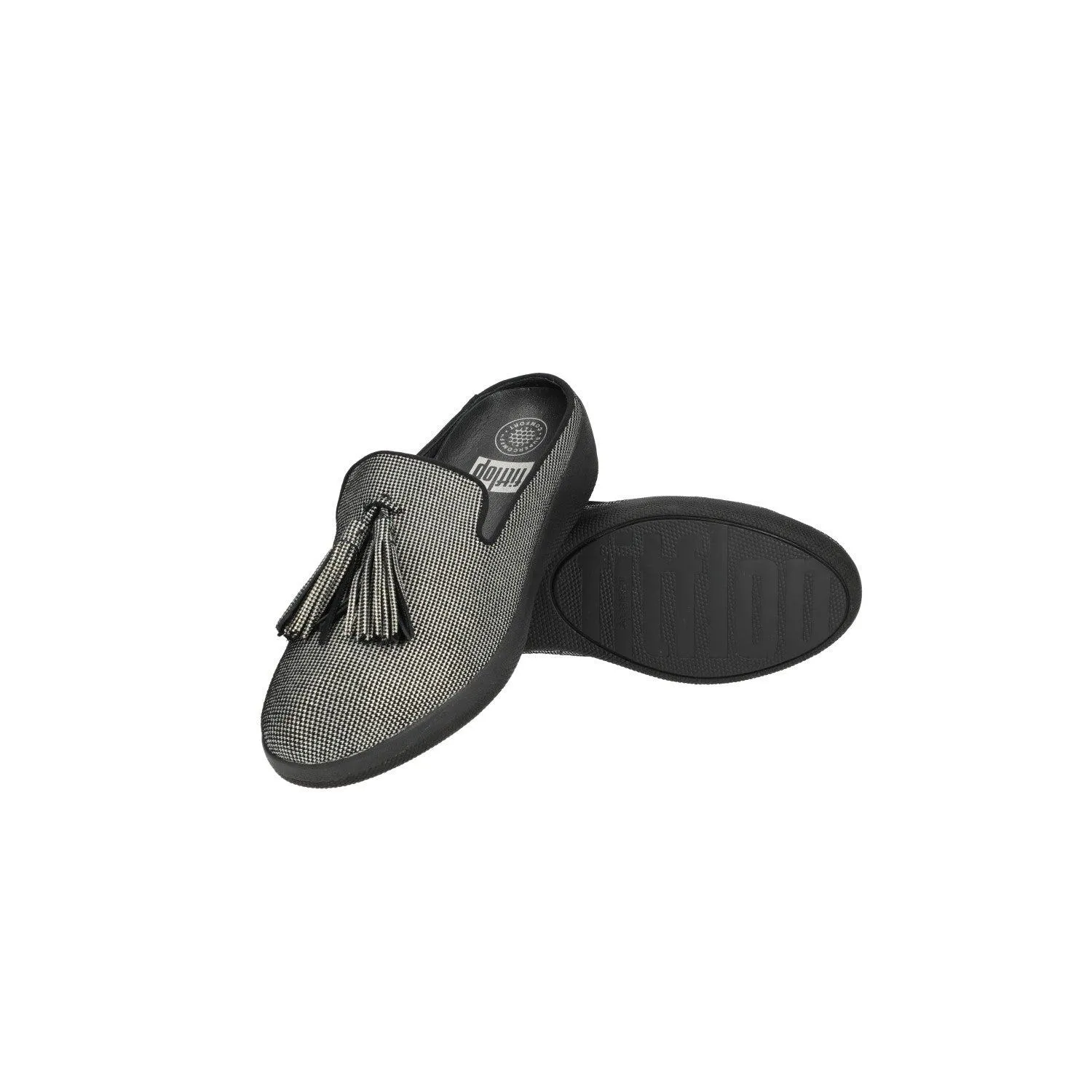 Fitflop Houndstooth Print Mules Flat Sandals Fabric Black Colour For Women