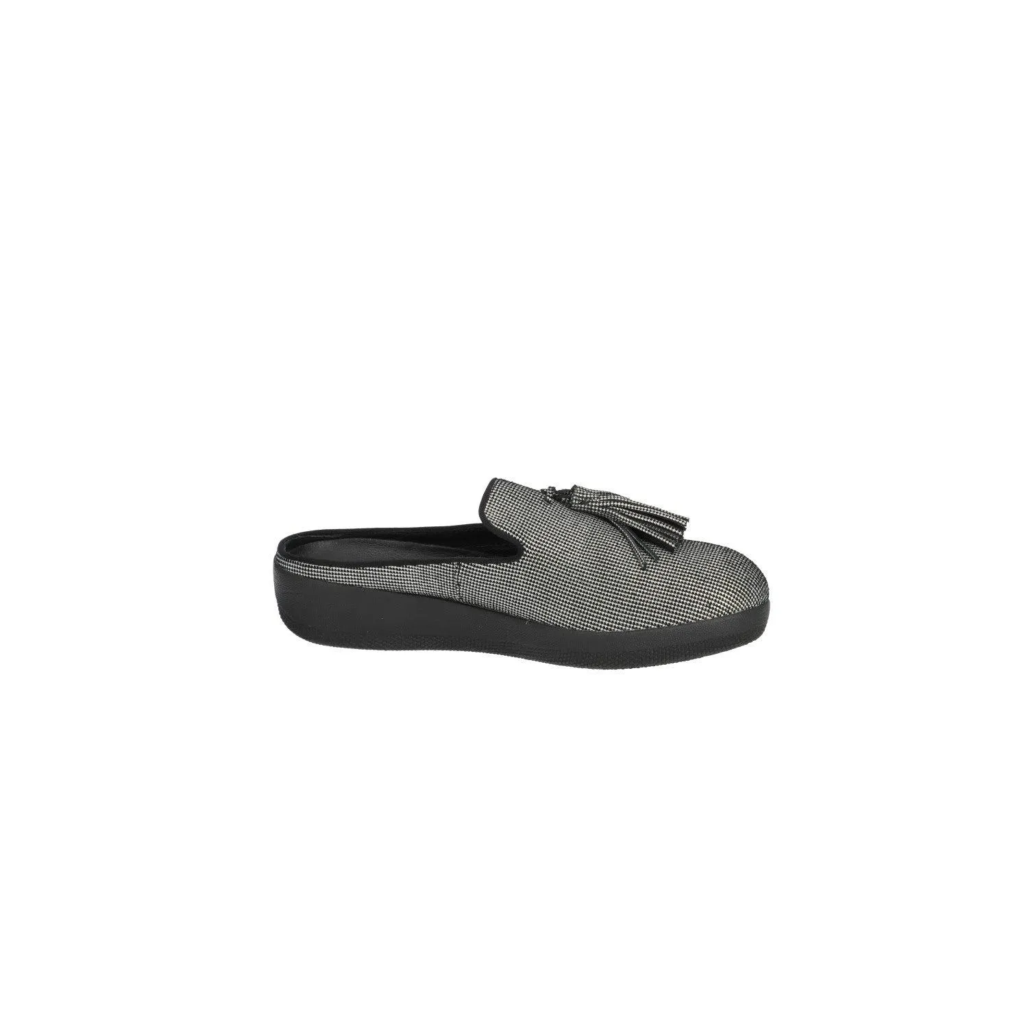 Fitflop Houndstooth Print Mules Flat Sandals Fabric Black Colour For Women