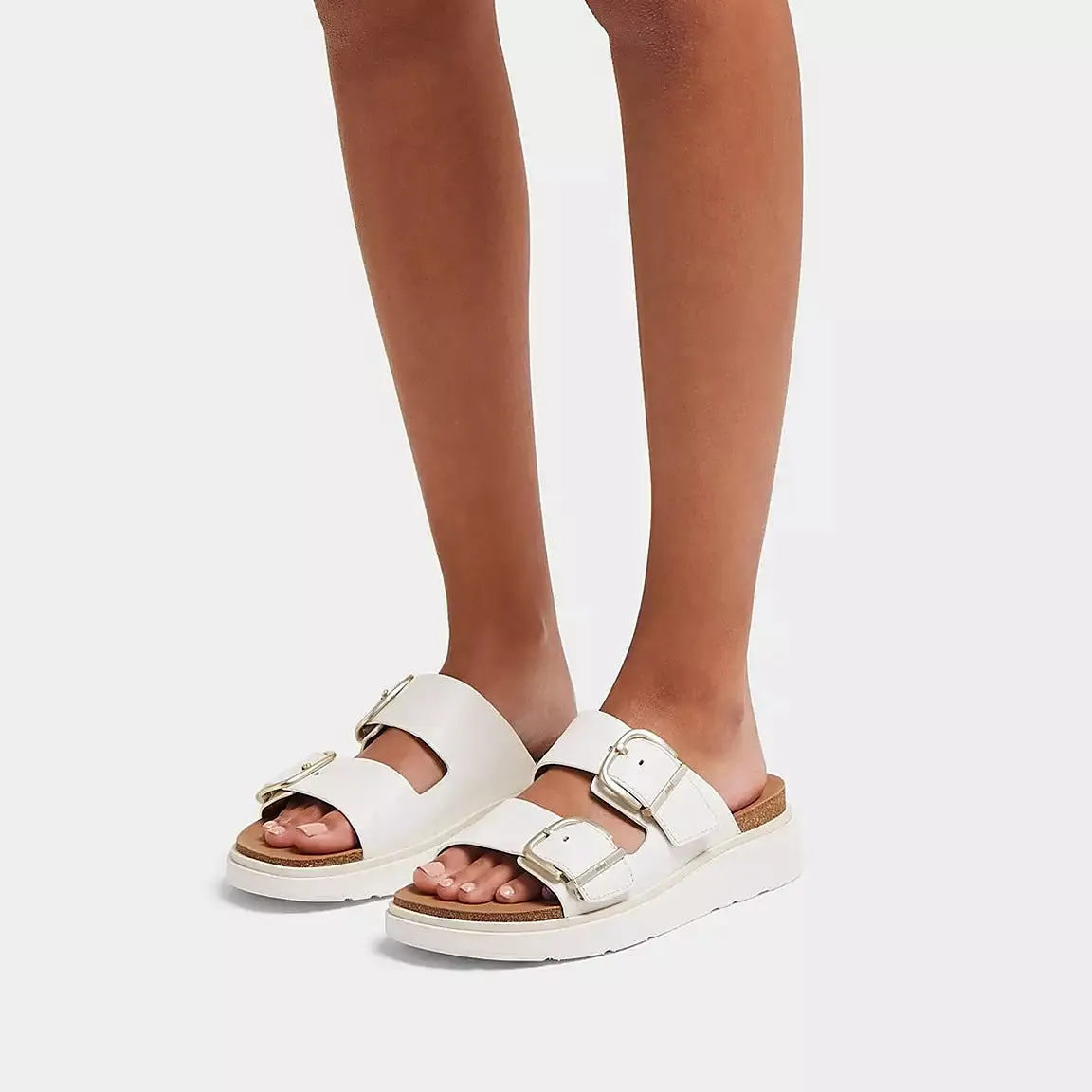 Fitflop Women’s Gen-FF Buckle Two-Bar Leather Slides Urban White
