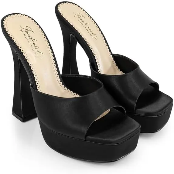 FREDERICK'S OF HOLLYWOOD Open Square Toe Platform Mule with Trapezoid Heel Slide-On Sandal - Trendy Women's Sandal with Chunky Sole, Chic Summer Footwear, FOH-Elaina
