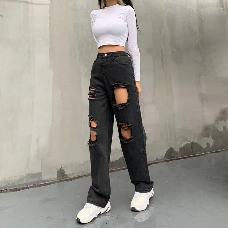 High Rise Relaxed Straight Baggy Distressed Denim Jeans