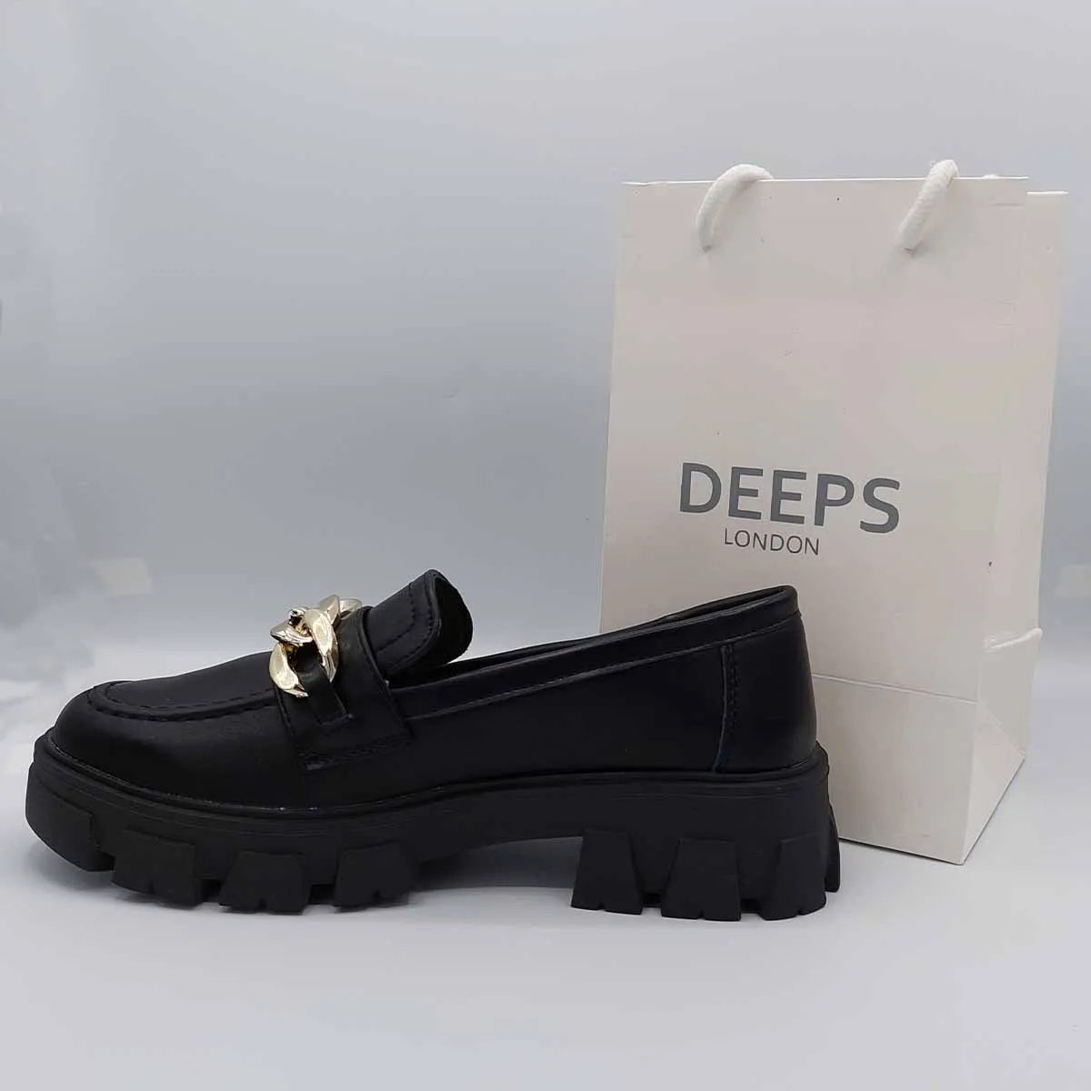 HONEY BLACK FLAT LOAFER WITH CHAIN DETAIL AND CHUNKY PLATFORM