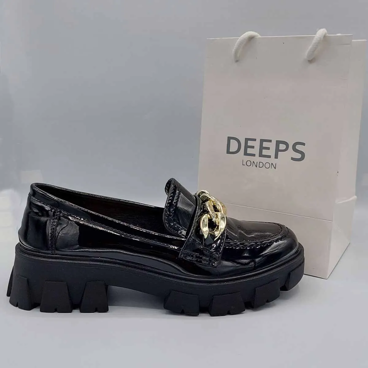HONEY BLACK FLAT LOAFER WITH CHAIN DETAIL AND CHUNKY PLATFORM