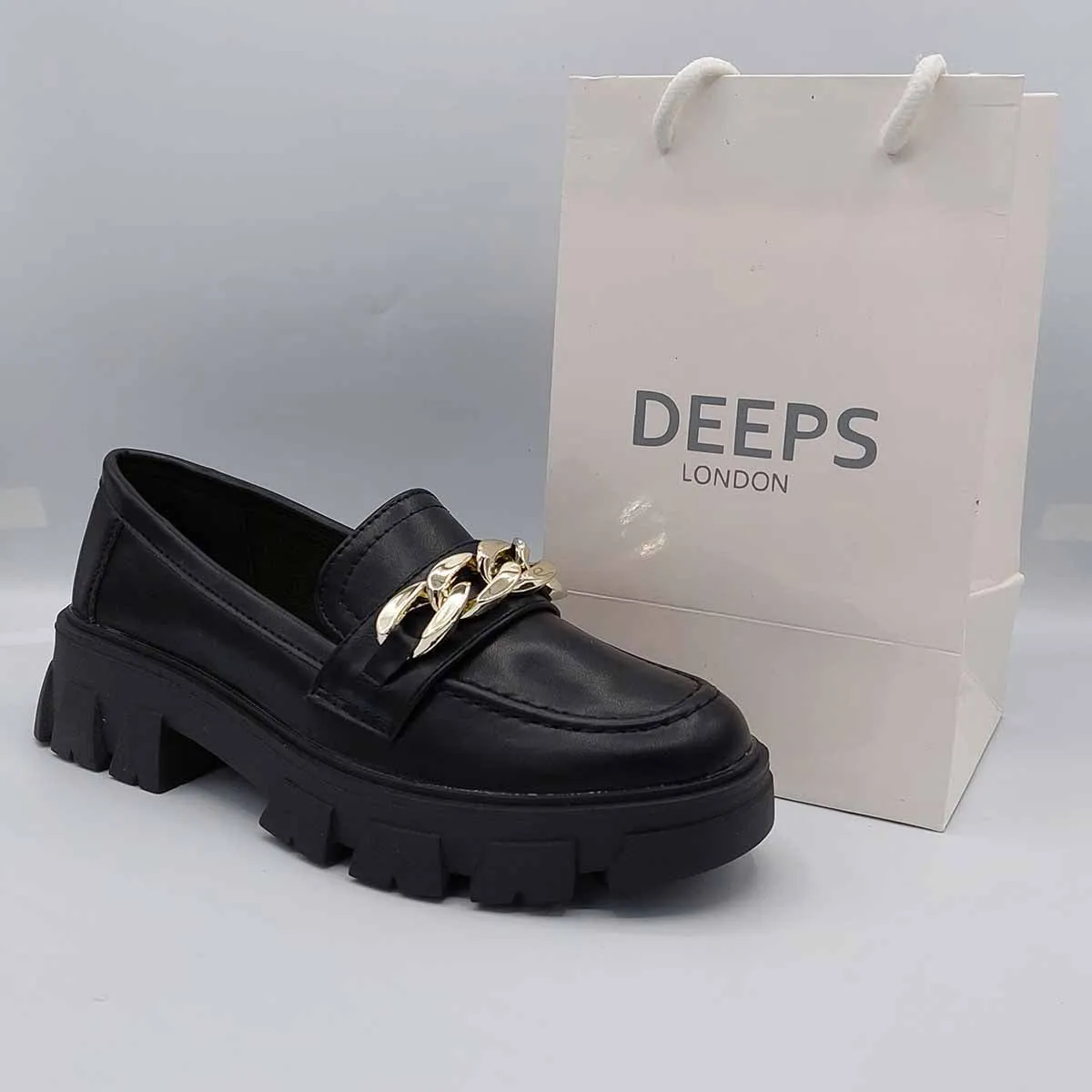 HONEY BLACK FLAT LOAFER WITH CHAIN DETAIL AND CHUNKY PLATFORM