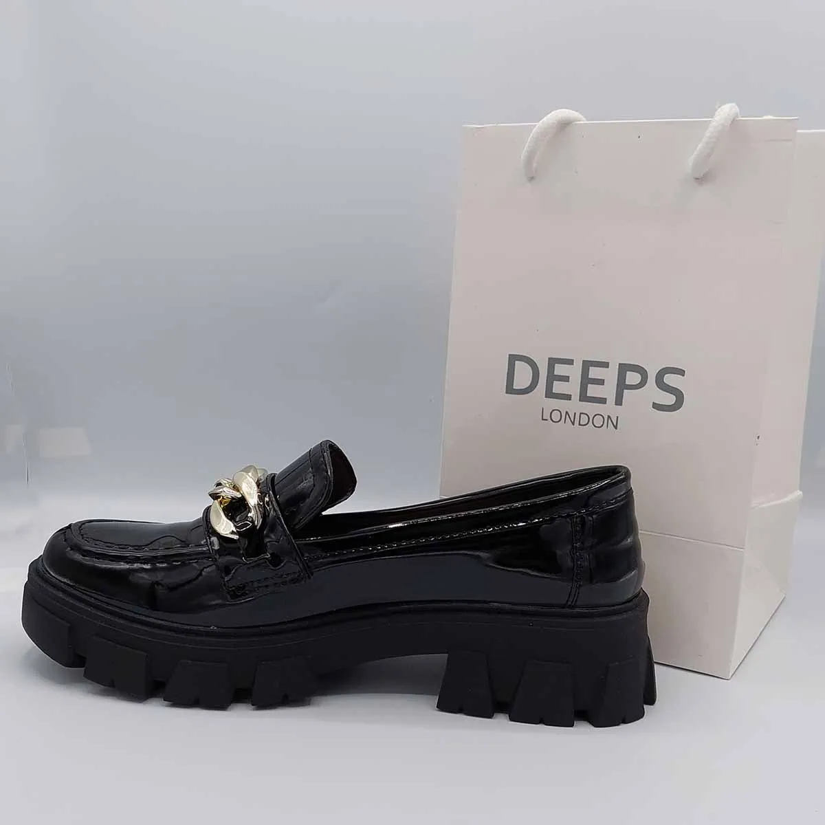HONEY BLACK FLAT LOAFER WITH CHAIN DETAIL AND CHUNKY PLATFORM