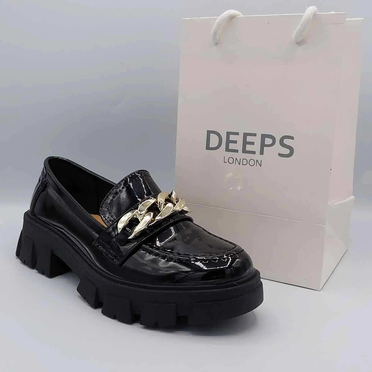 HONEY BLACK FLAT LOAFER WITH CHAIN DETAIL AND CHUNKY PLATFORM