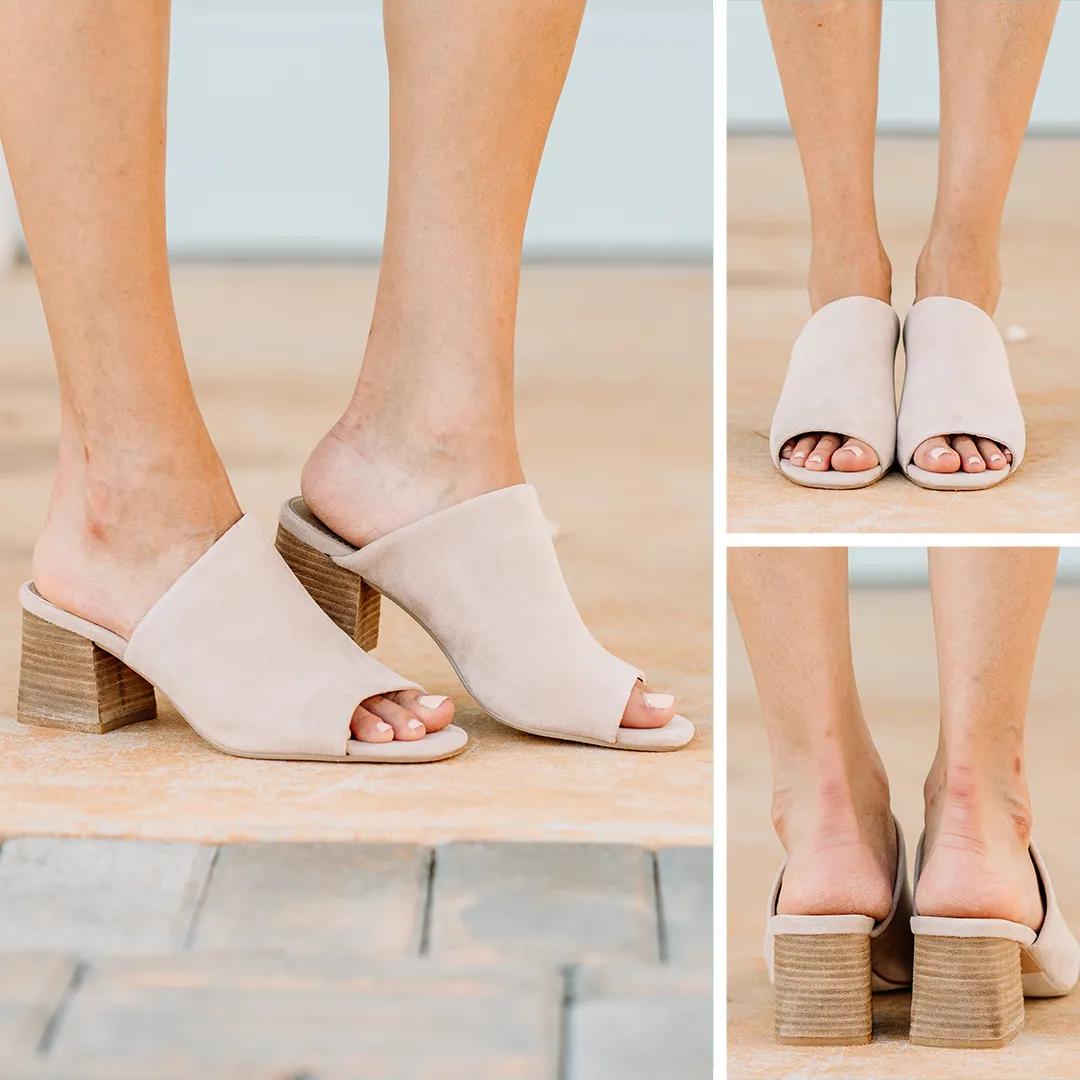 Jet Setting Taupe Brown Heeled Mules