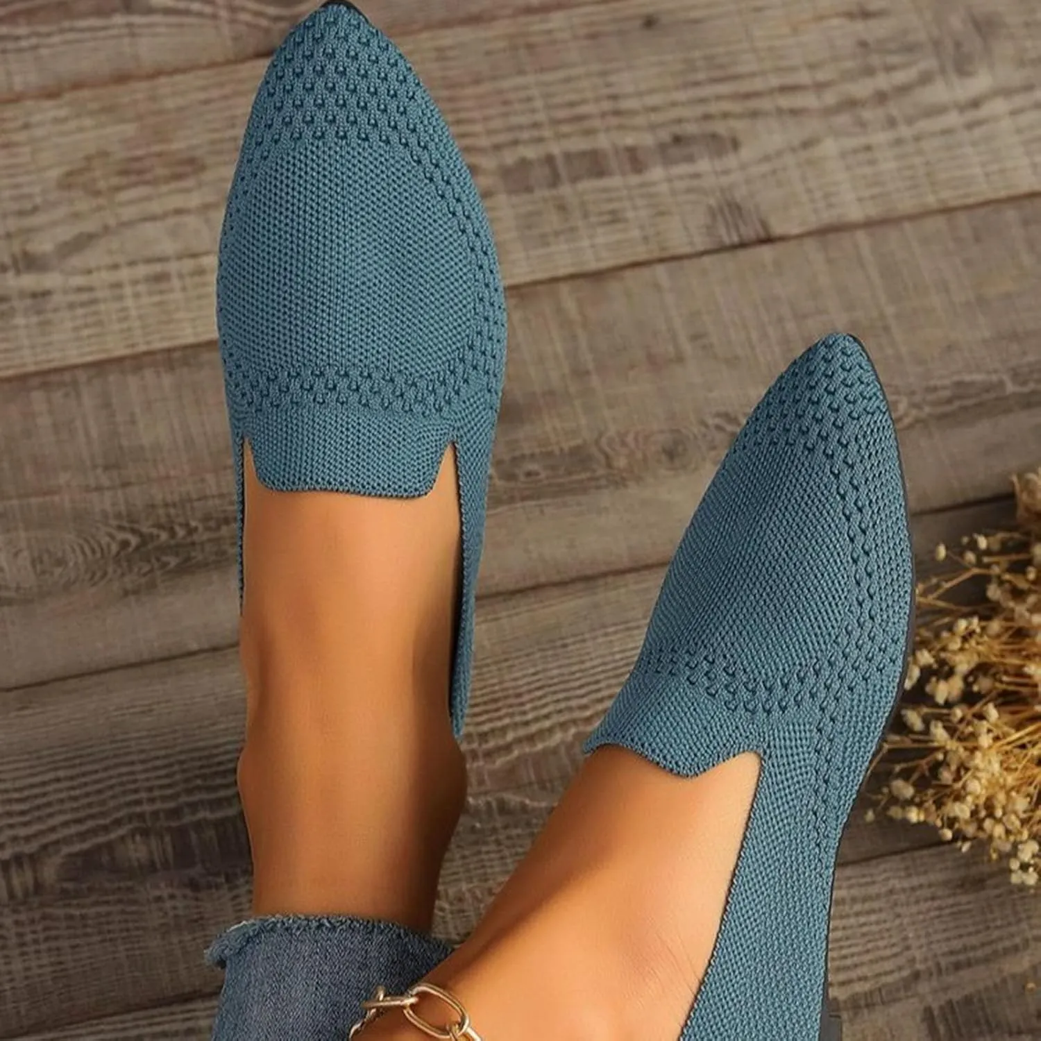 JITUUE Women's Fashion Knit Breathable Loafer Flats Slip-Ons Pointy Toe Walking Driving Shoes Comfortable Casual Penny Loafer
