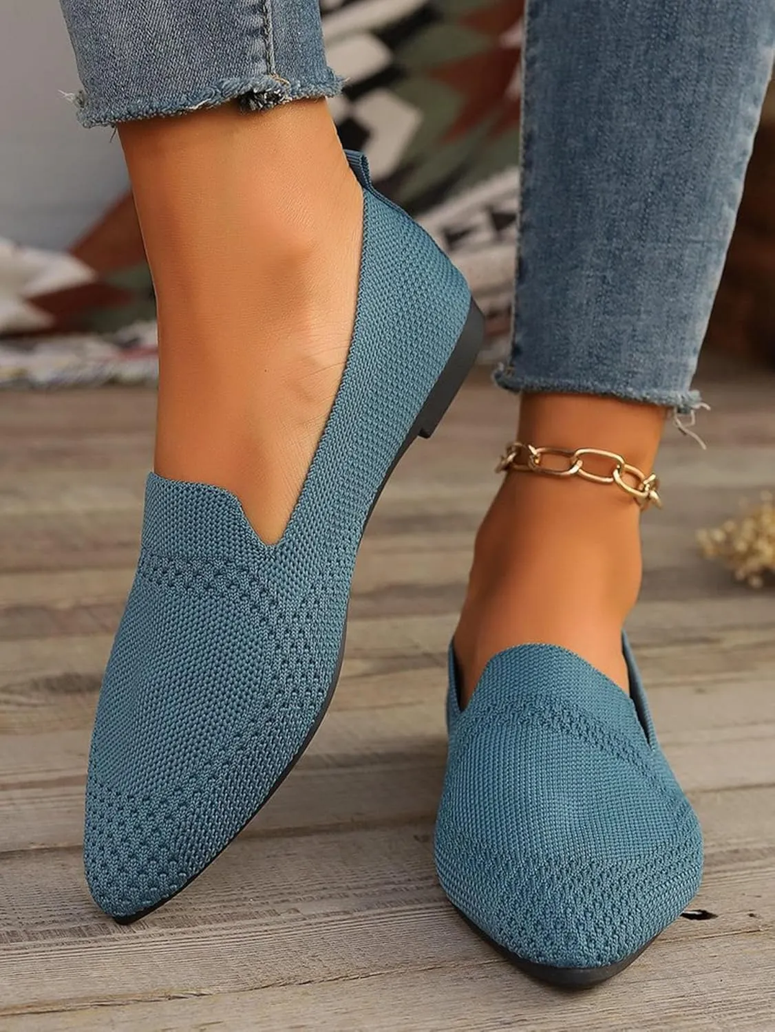 JITUUE Women's Fashion Knit Breathable Loafer Flats Slip-Ons Pointy Toe Walking Driving Shoes Comfortable Casual Penny Loafer