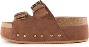 JORISTIMO Women's Cork Flatform Sandals Dual Buckled Band Suede Clogs Platform Slip On Sandals