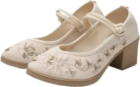JYHBHMZG Embroider Cotton Fabric Women Heels Ethnic Style Pumps Ladies Summer Sandals Spring Shoes Beige 8
