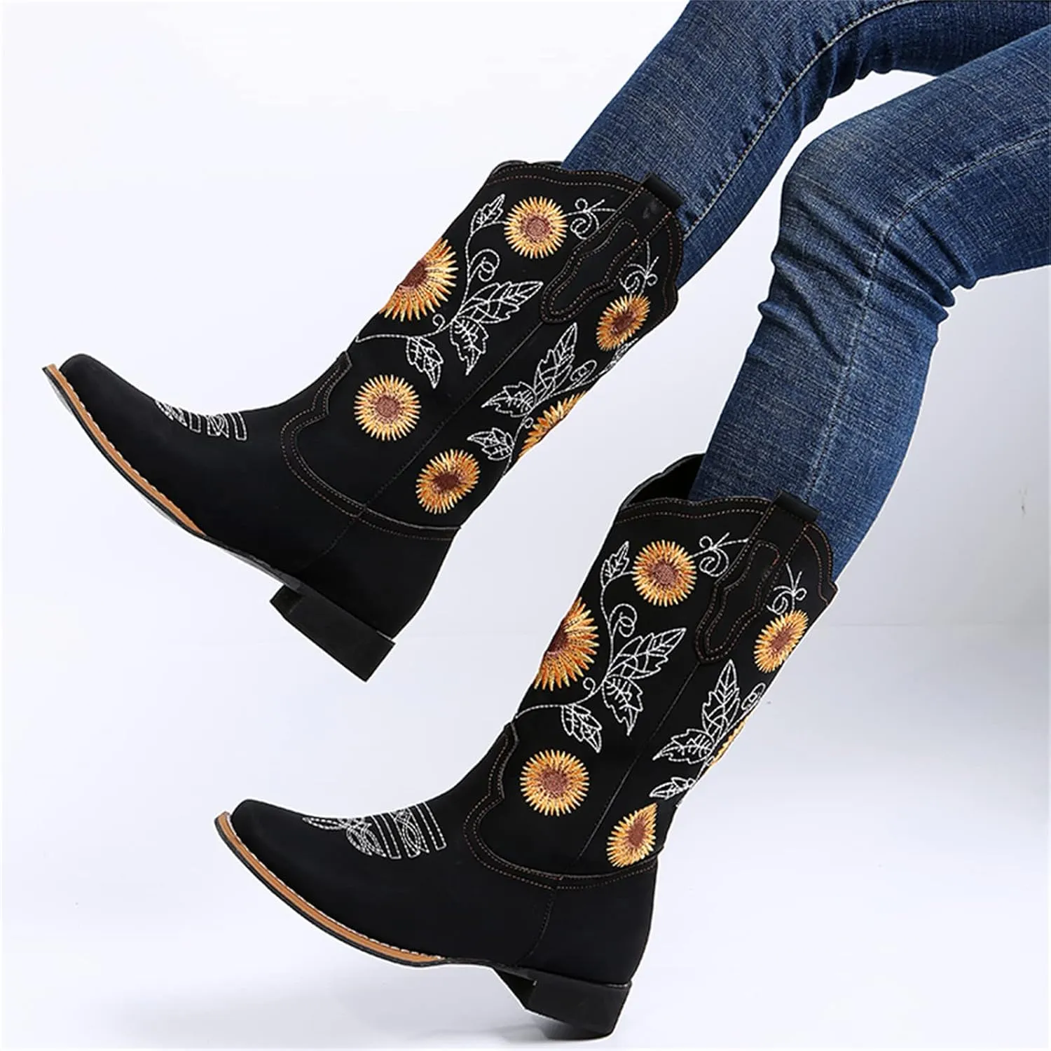 Lausiuoe Cowboy Boots For Women Mid Calf Cowgirl Western Boots Sunflower Embroidered Fashion Retro Classic Chunky Boots