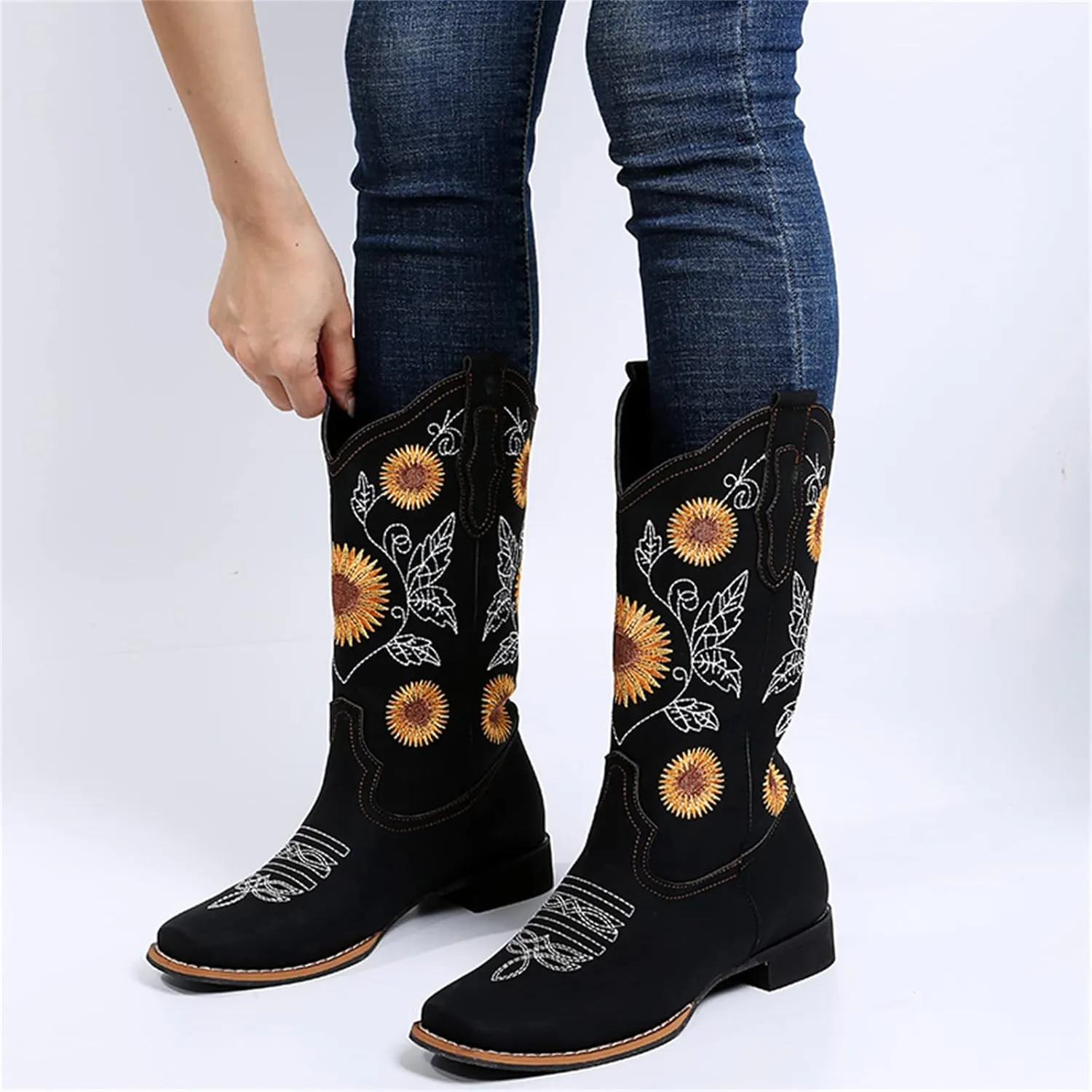 Lausiuoe Cowboy Boots For Women Mid Calf Cowgirl Western Boots Sunflower Embroidered Fashion Retro Classic Chunky Boots