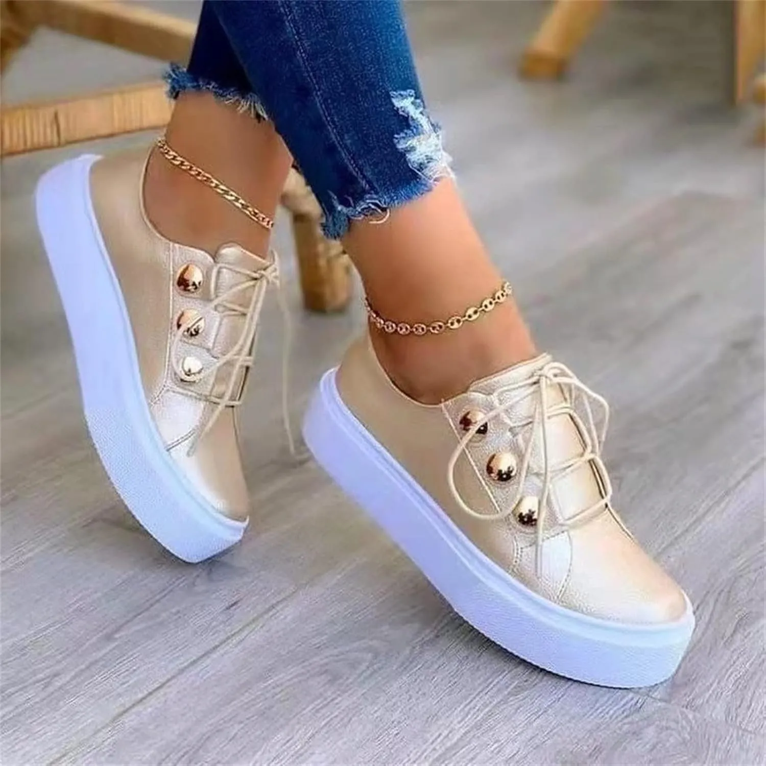Lausiuoe Shoes for Women Sneakers Trendy Low Top Leather Slip On Sneakers Casual Fashion Comfortable Walking Flat Loafers