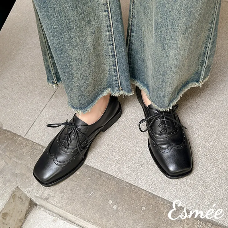 Leather Brogue Oxford with Squared Toe Design