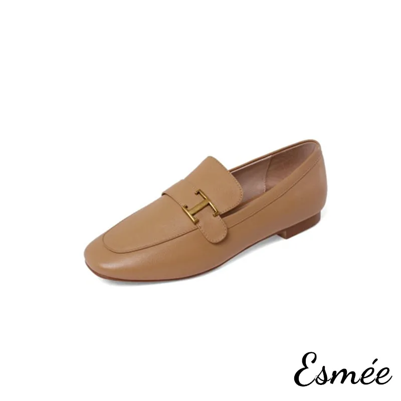 Leather Loafers with T Metal Buckle