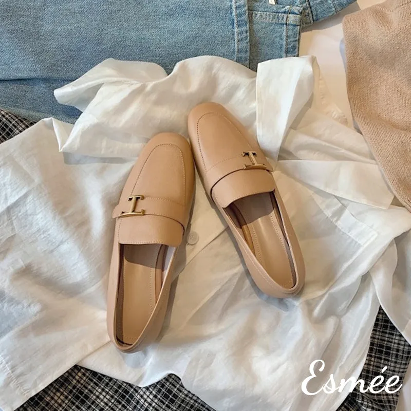 Leather Loafers with T Metal Buckle