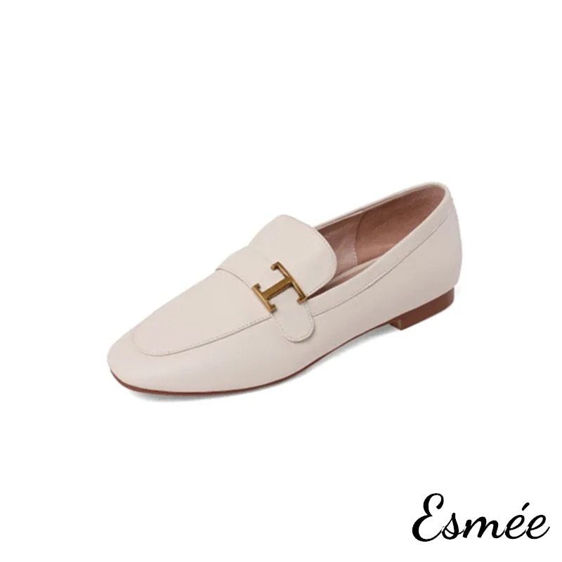 Leather Loafers with T Metal Buckle
