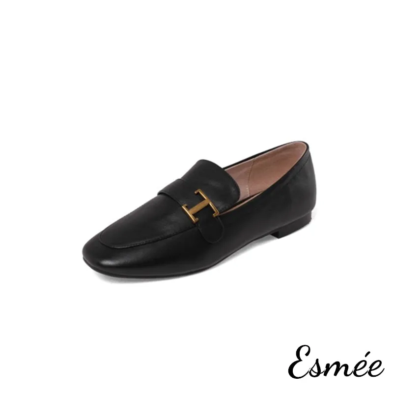 Leather Loafers with T Metal Buckle