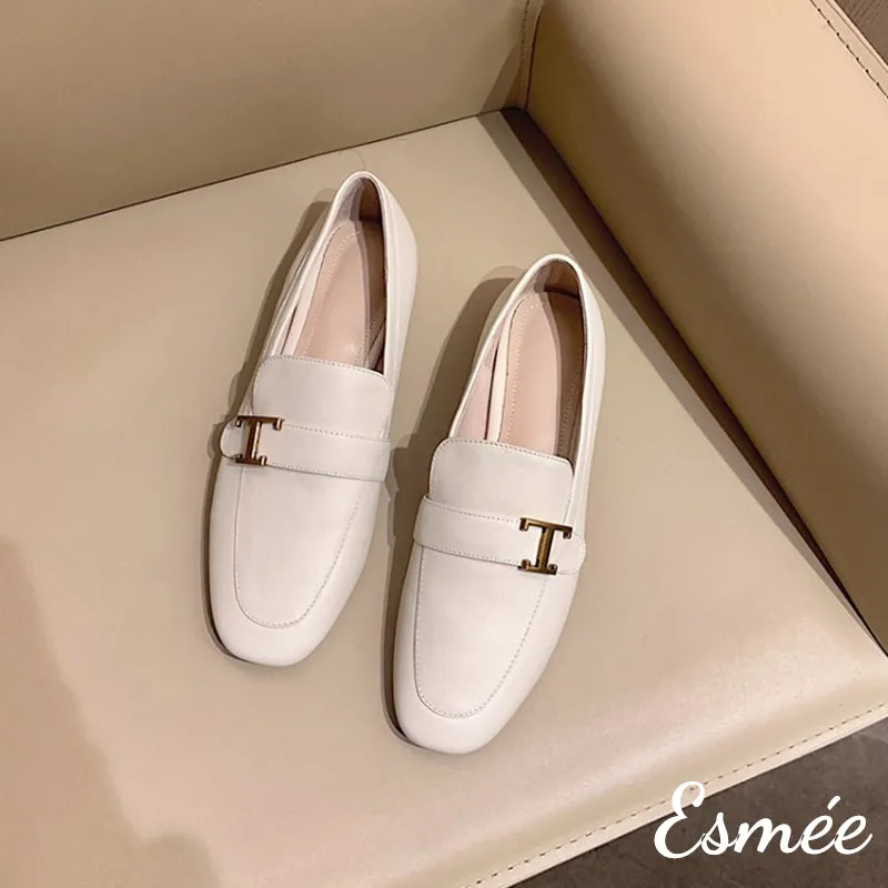 Leather Loafers with T Metal Buckle