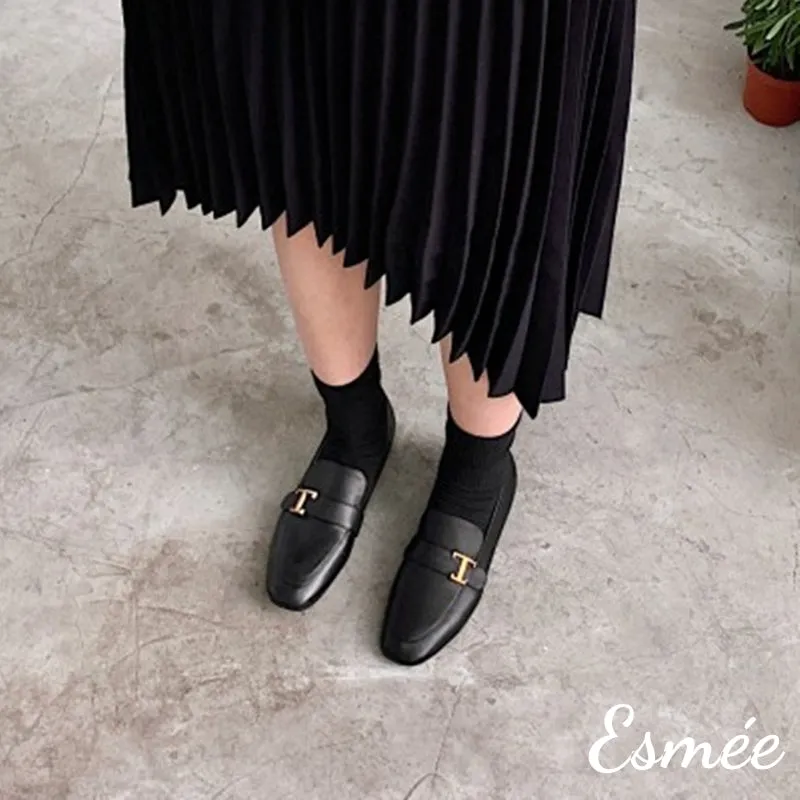 Leather Loafers with T Metal Buckle