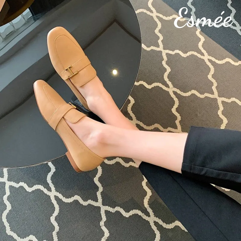 Leather Loafers with T Metal Buckle