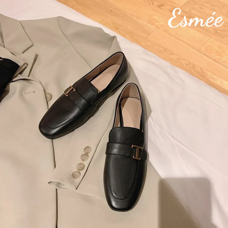 Leather Loafers with T Metal Buckle