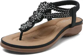Littleplum Womens Sandals Arch Support Ankle Strap Thong Elastic Flat Sandals Slingback Summer Dressy Sandals Ankle Elastic Flip Flops Comfort Beach Walking Shoes for Women Chic Black 10