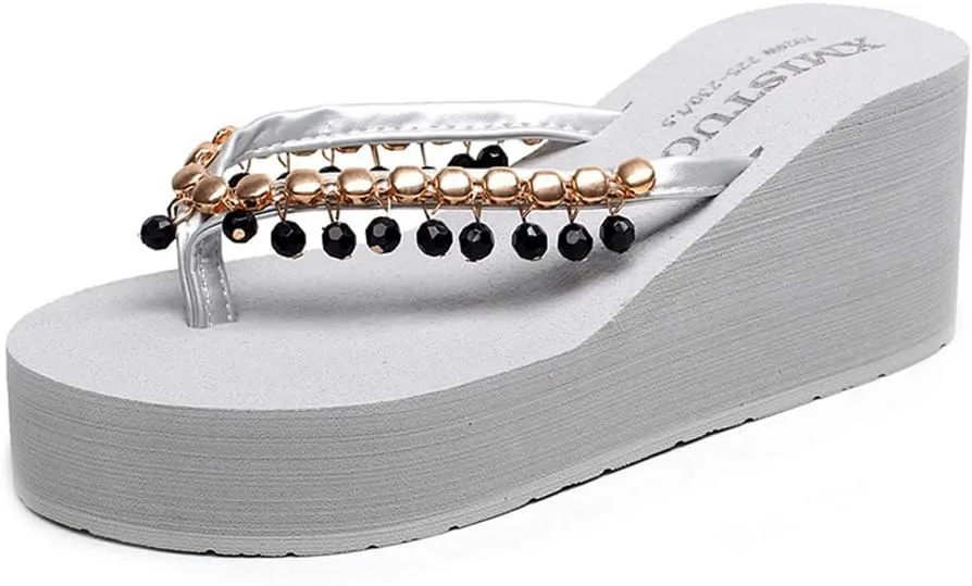MIOKE Women's High Heel Wedge Flipflops Sparkly Rhinestone Summer Platform Anti-Slip Beach Thong Sandals
