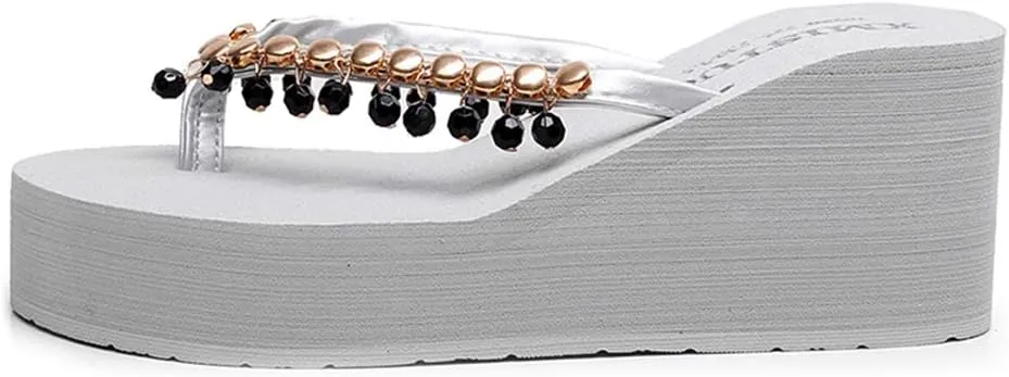 MIOKE Women's High Heel Wedge Flipflops Sparkly Rhinestone Summer Platform Anti-Slip Beach Thong Sandals