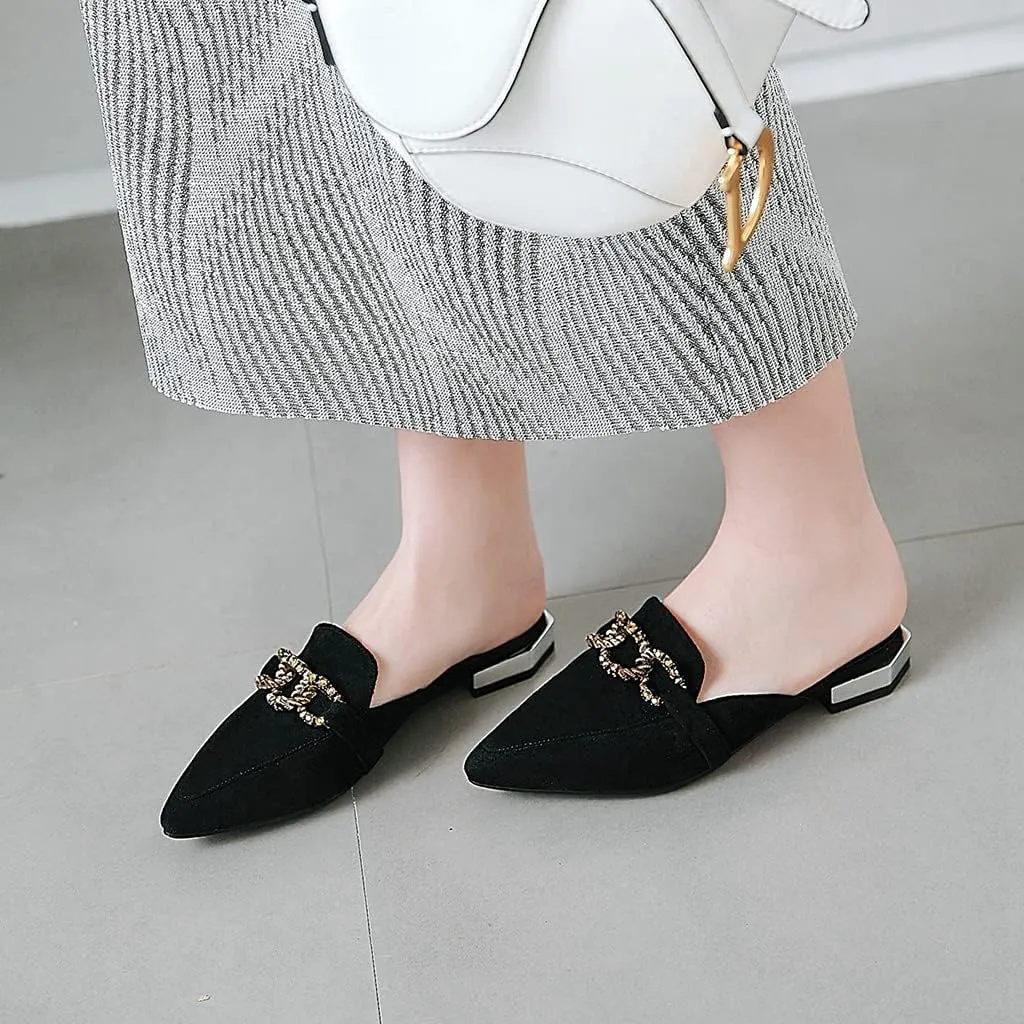 MIOKE Women's Pointed Toe Buckle Mules Flat Slip On Backless Loafer Comfort Low Heel Dress Slipper Shoes