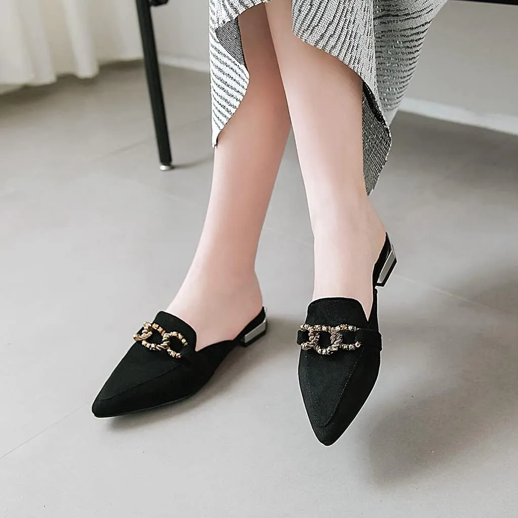 MIOKE Women's Pointed Toe Buckle Mules Flat Slip On Backless Loafer Comfort Low Heel Dress Slipper Shoes