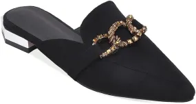 MIOKE Women's Pointed Toe Buckle Mules Flat Slip On Backless Loafer Comfort Low Heel Dress Slipper Shoes