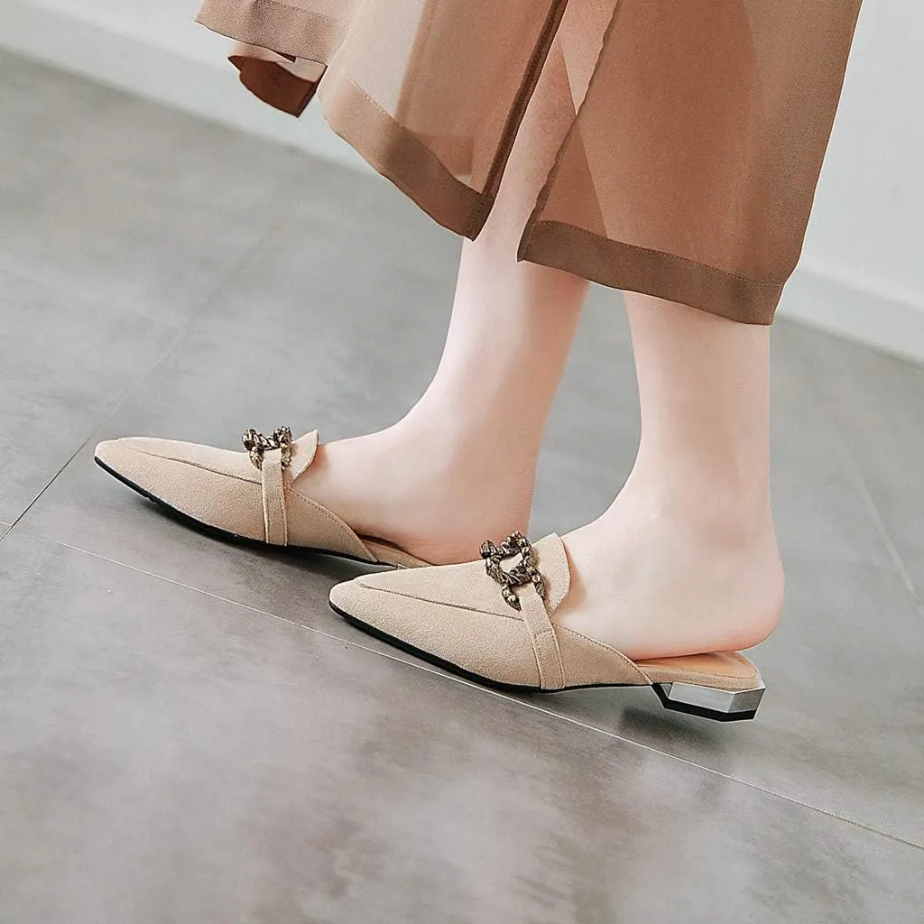 MIOKE Women's Pointed Toe Buckle Mules Flat Slip On Backless Loafer Comfort Low Heel Dress Slipper Shoes