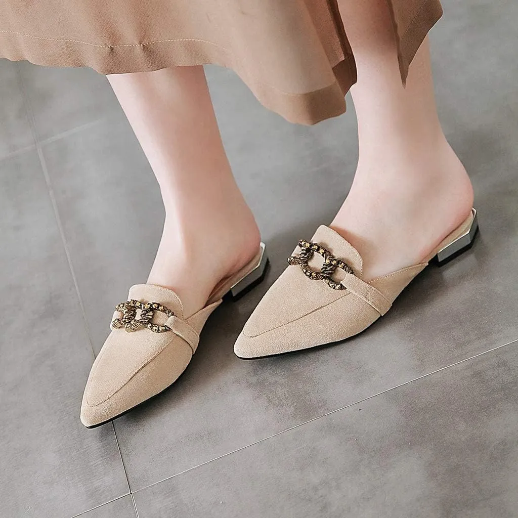 MIOKE Women's Pointed Toe Buckle Mules Flat Slip On Backless Loafer Comfort Low Heel Dress Slipper Shoes