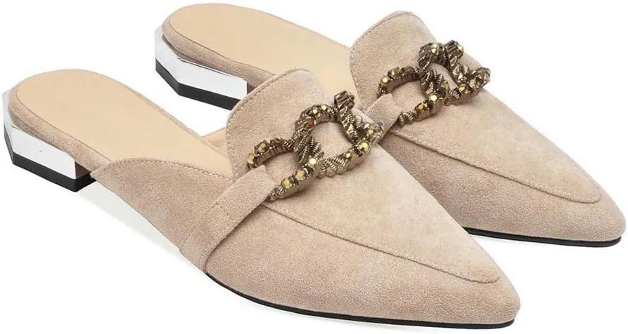 MIOKE Women's Pointed Toe Buckle Mules Flat Slip On Backless Loafer Comfort Low Heel Dress Slipper Shoes