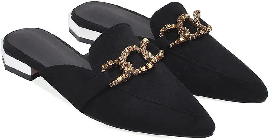 MIOKE Women's Pointed Toe Buckle Mules Flat Slip On Backless Loafer Comfort Low Heel Dress Slipper Shoes