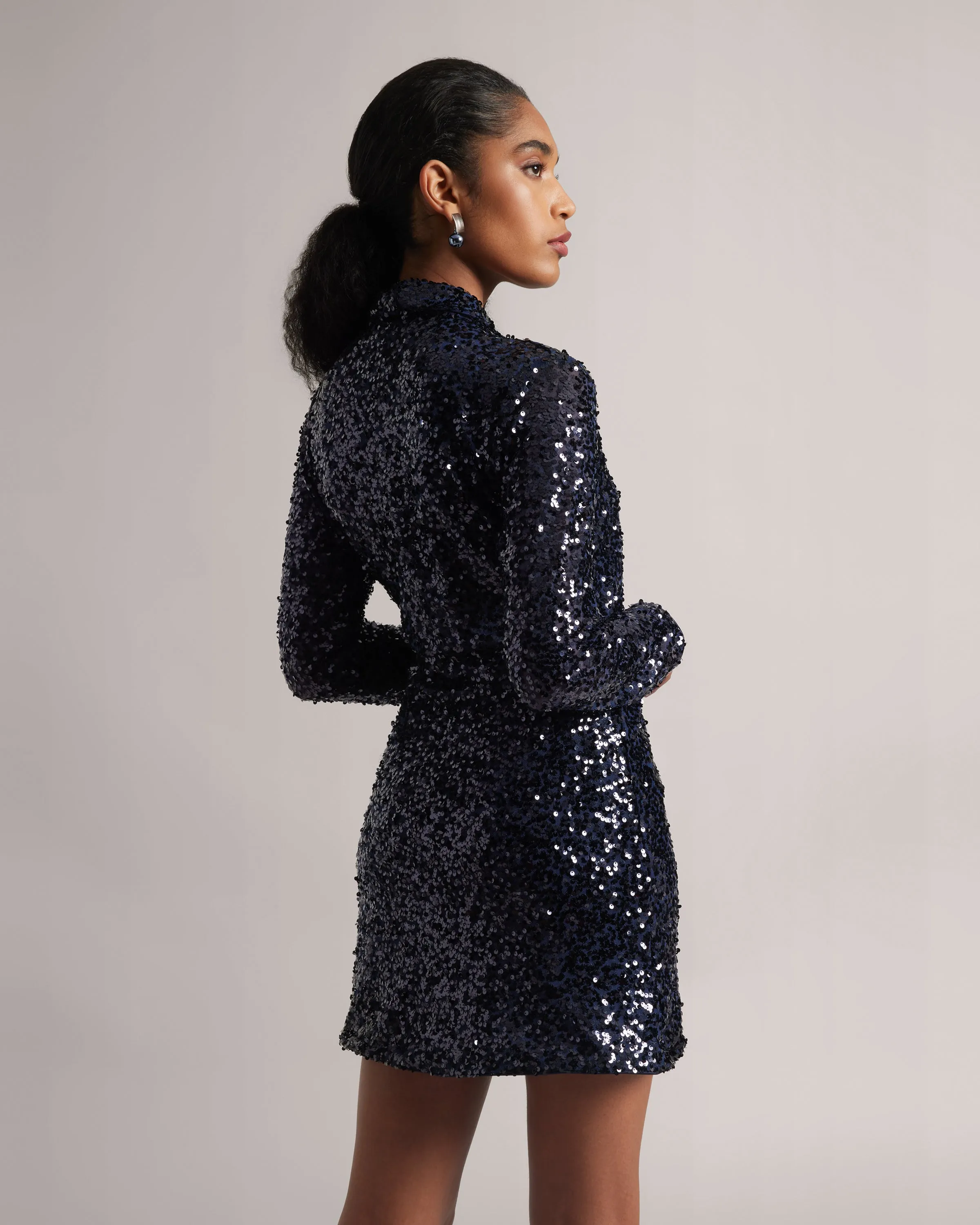 Navy Blue Sequin Wrap Dress