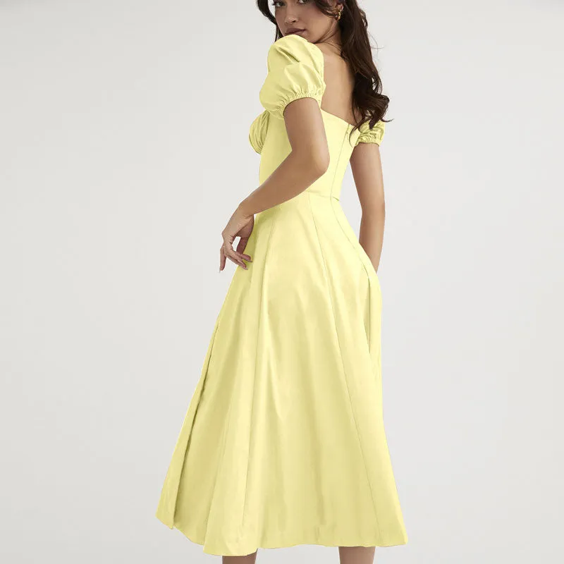 Puff Sleeve Tie Front High Split Sophisticated Off Shoulder Midi Sundress - White