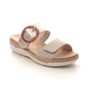 Remonte Leather Light Gold Double Strap Velcro Cork Trim Comfort Open Toe Slip On Mule
