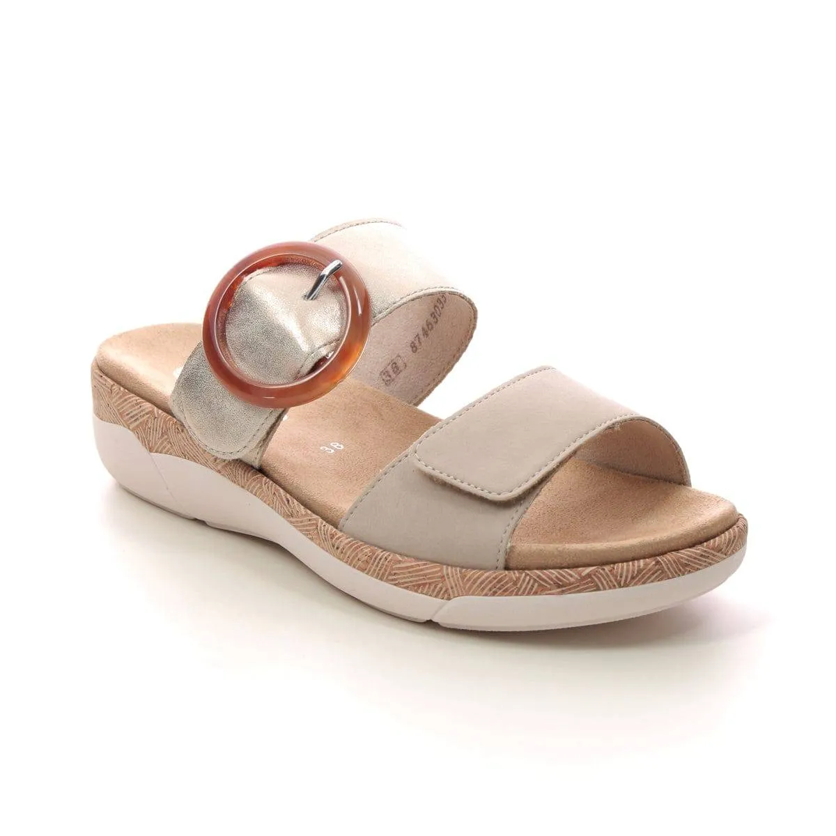 Remonte Leather Light Gold Double Strap Velcro Cork Trim Comfort Open Toe Slip On Mule