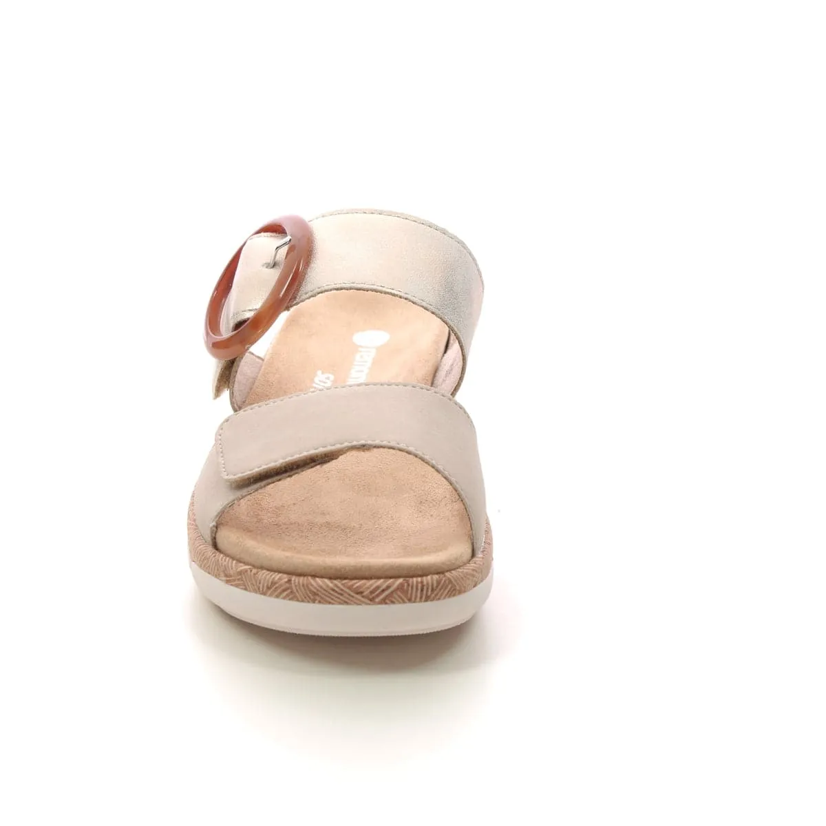 Remonte Leather Light Gold Double Strap Velcro Cork Trim Comfort Open Toe Slip On Mule